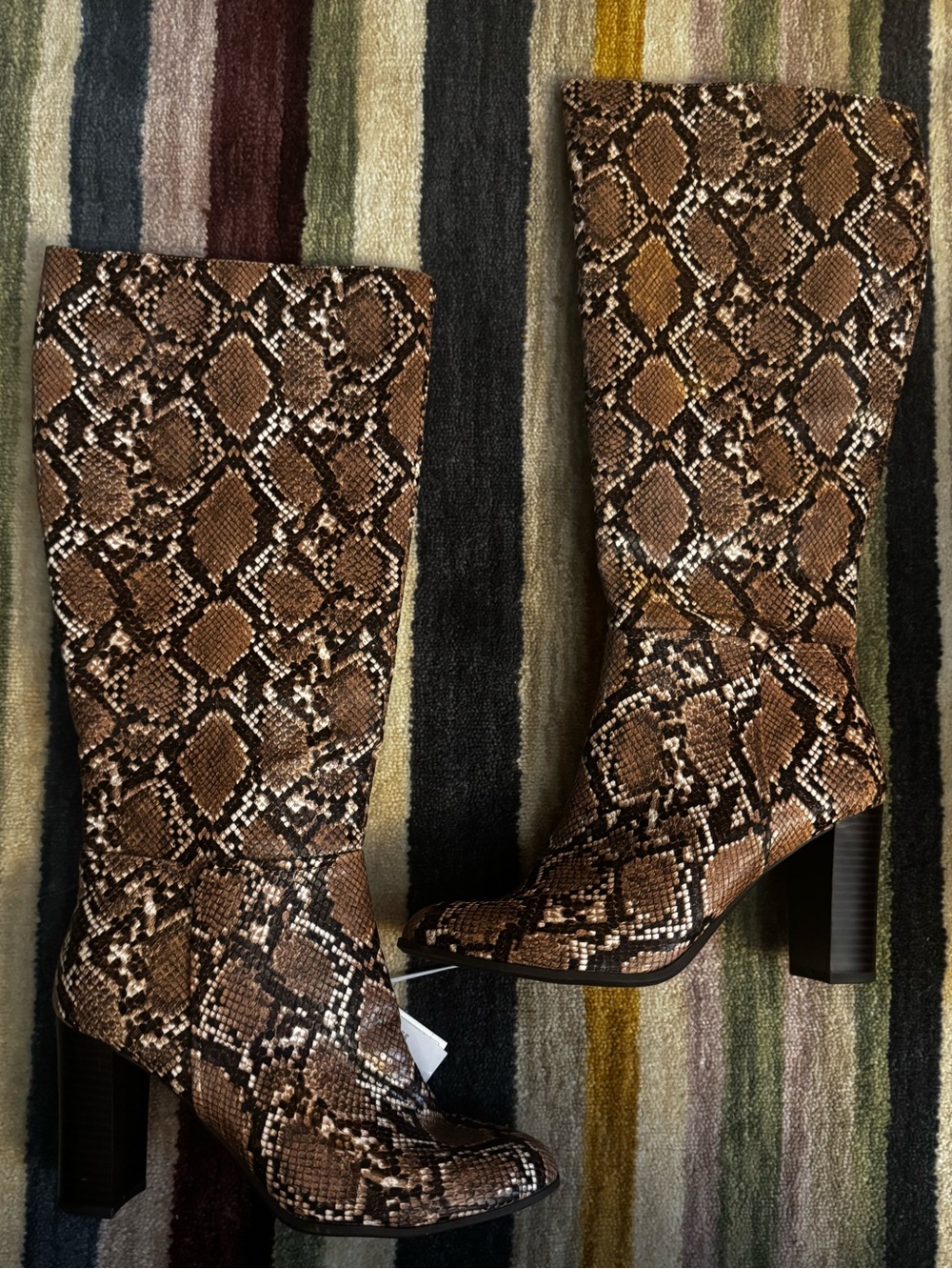 a new day Brown Snake-Print Knee Boots with Block Heel